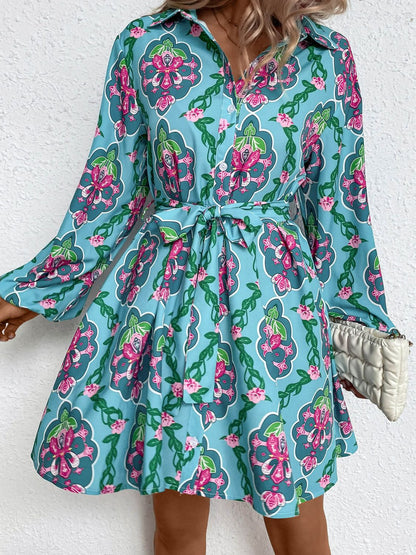 Printed Tie-Waist Balloon Sleeve Shirt Dress