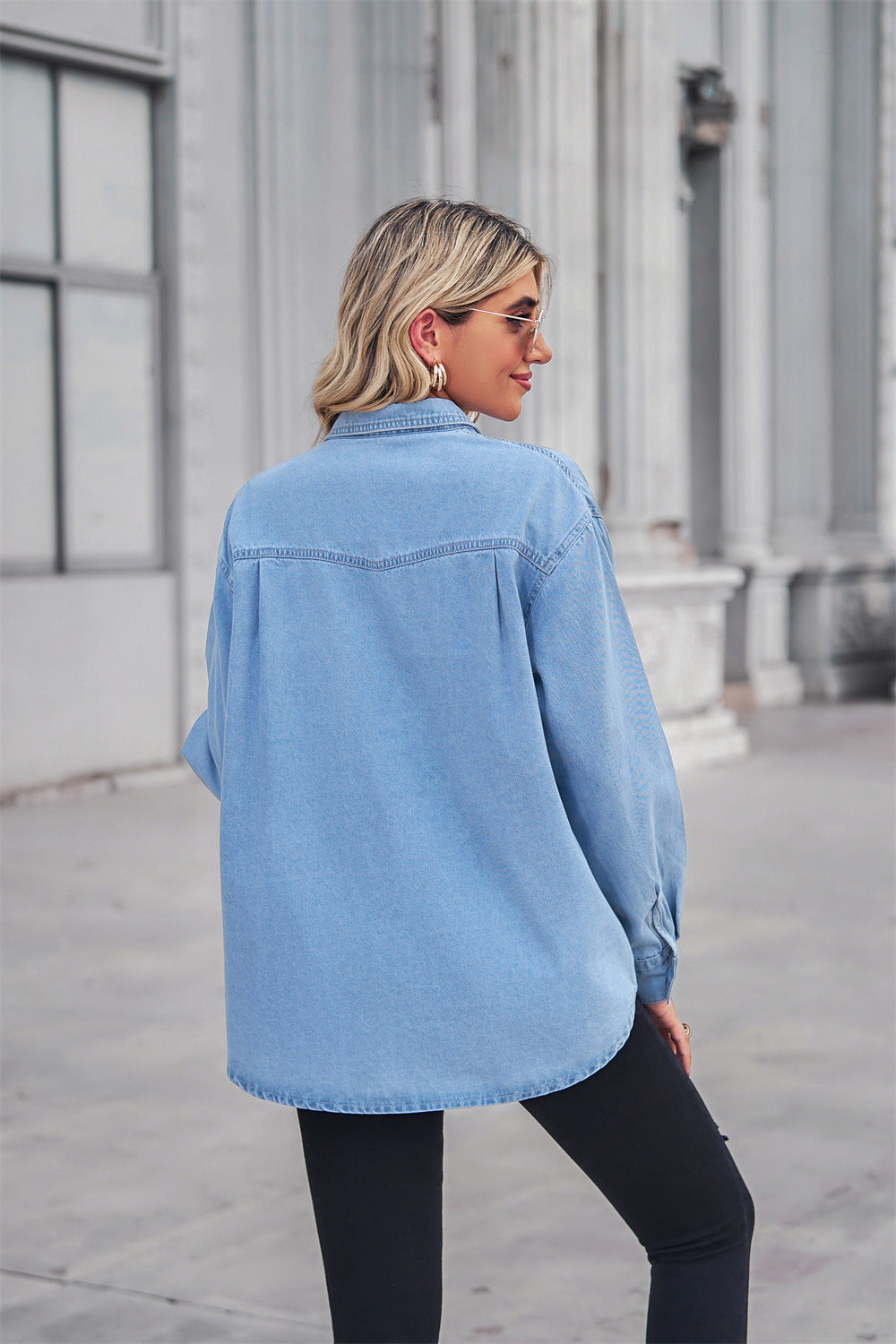 Collared Neck Dropped Shoulder Denim Top