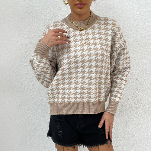 Houndstooth Round Neck Drop Shoulder Sweater