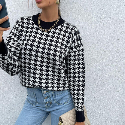 Houndstooth Round Neck Drop Shoulder Sweater