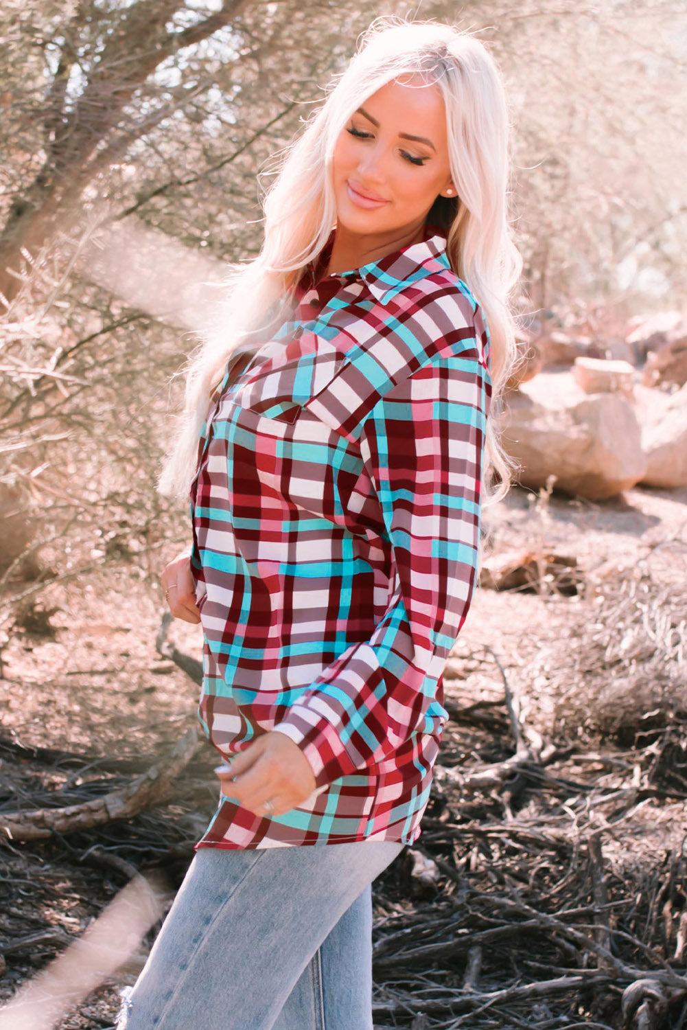 Plaid Button-Up Longline Shirt