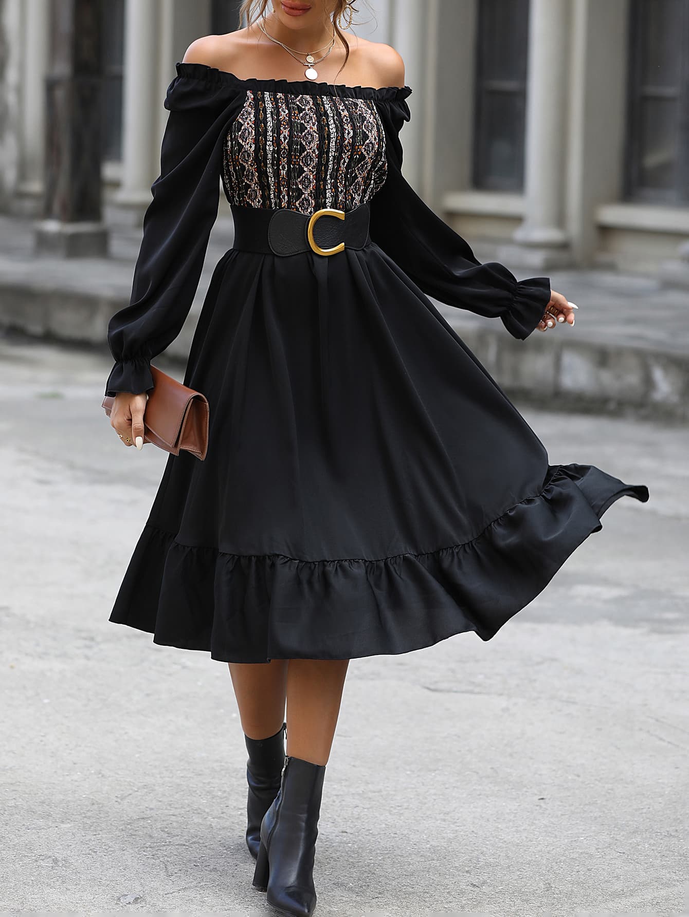 Off Shoulder Printed Flounce Sleeve Midi Dress