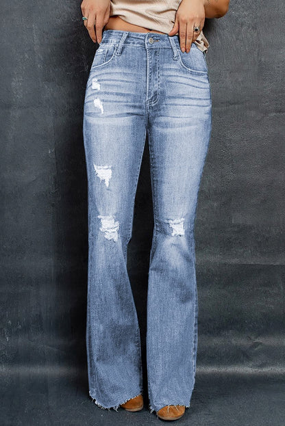 Distressed Raw Hem Flare Jeans