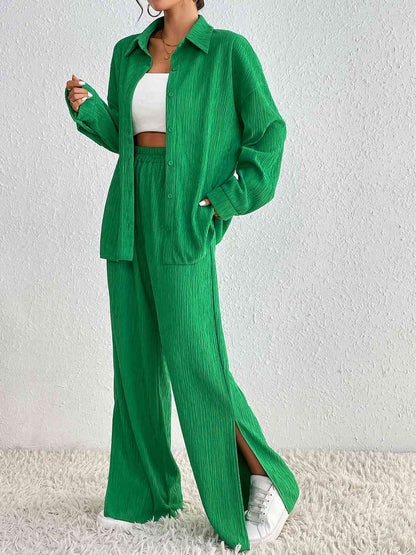 Collared Neck Shirt and Slit Pants Set