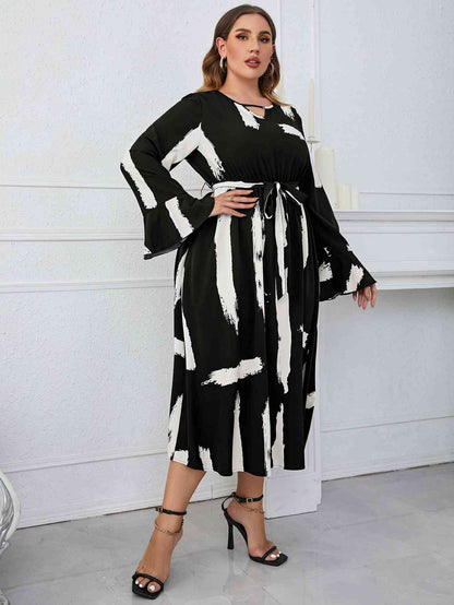 Melo Apparel Plus Size Printed Tie Belt Flare Sleeve Round Neck Midi Dress