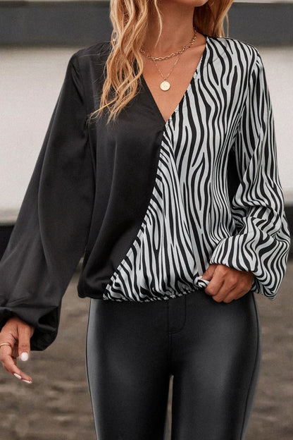 Animal Print Color Block Balloon Sleeve Blouse