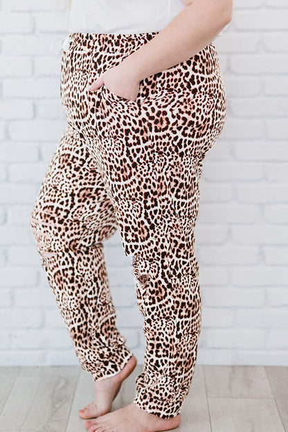 Plus Size Leopard Distressed Joggers with Pockets