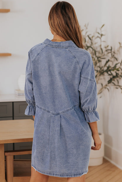 Collared Neck Flounce Sleeve Denim Mini Dress