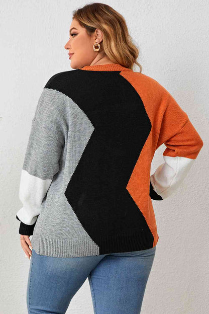 Plus Size Color Block Round Neck Knit Top