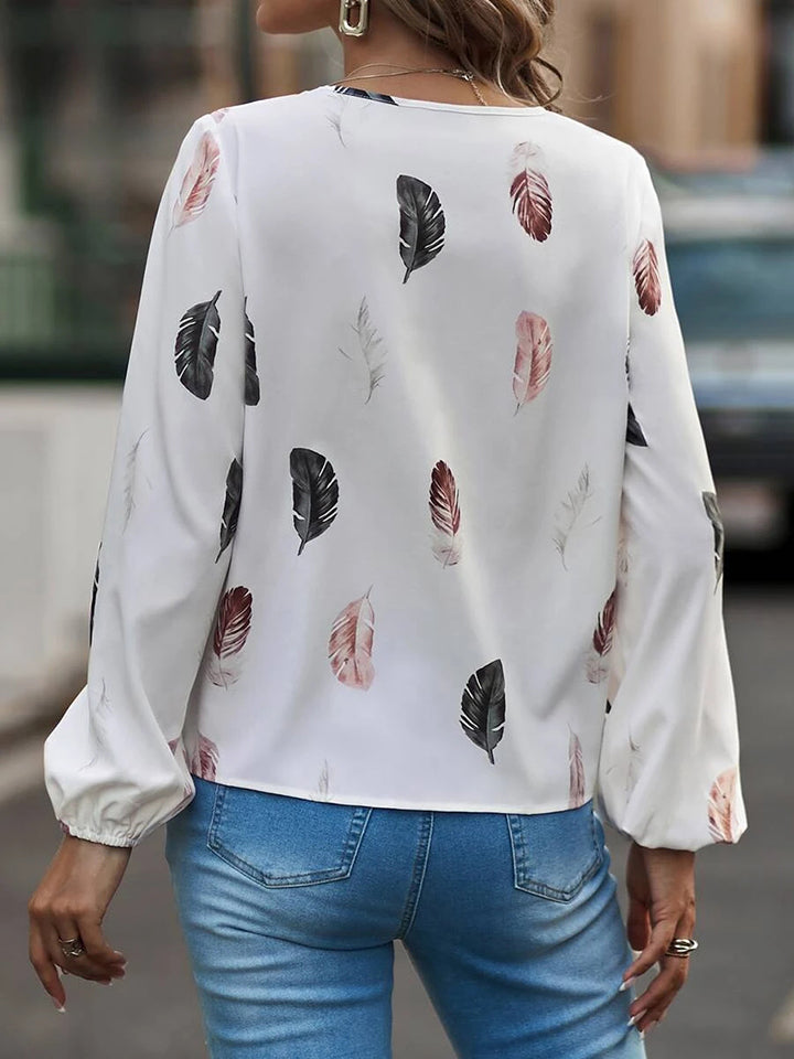 Printed Notched Neck Long Sleeve Blouse