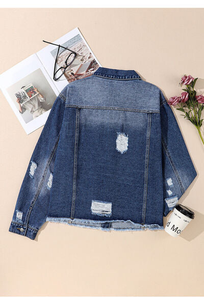 Plus Size Distressed Button Up Raw Hem Denim Jacket