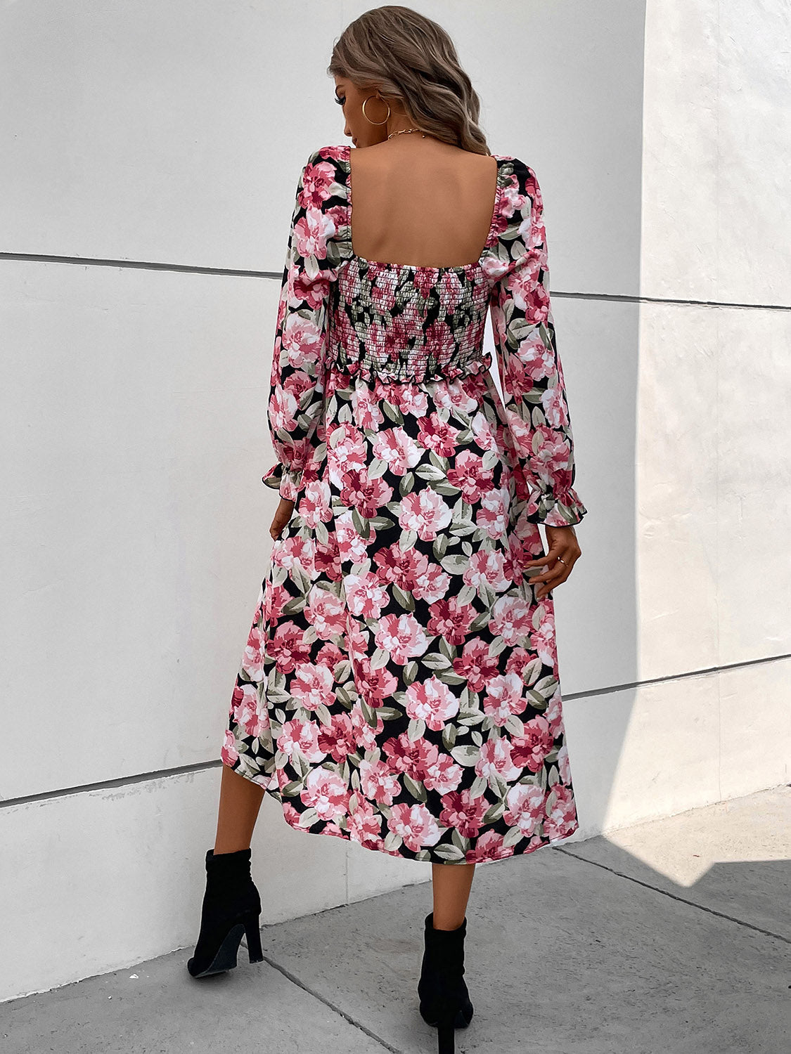 Slit Smocked Floral Flounce Sleeve Dress