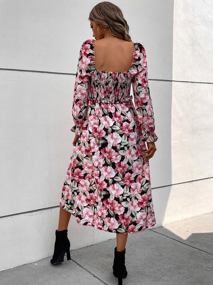 Slit Smocked Floral Flounce Sleeve Dress