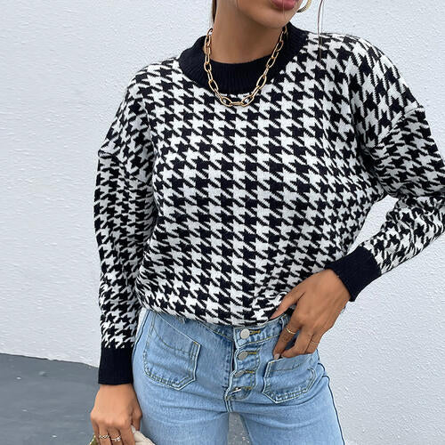 Houndstooth Round Neck Drop Shoulder Sweater