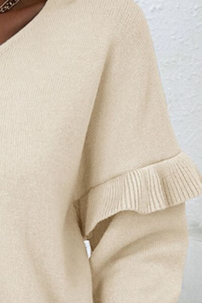 V-Neck Ruffle Trim Long Sleeve Sweater