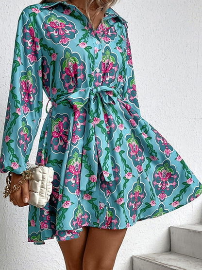 Printed Tie-Waist Balloon Sleeve Shirt Dress