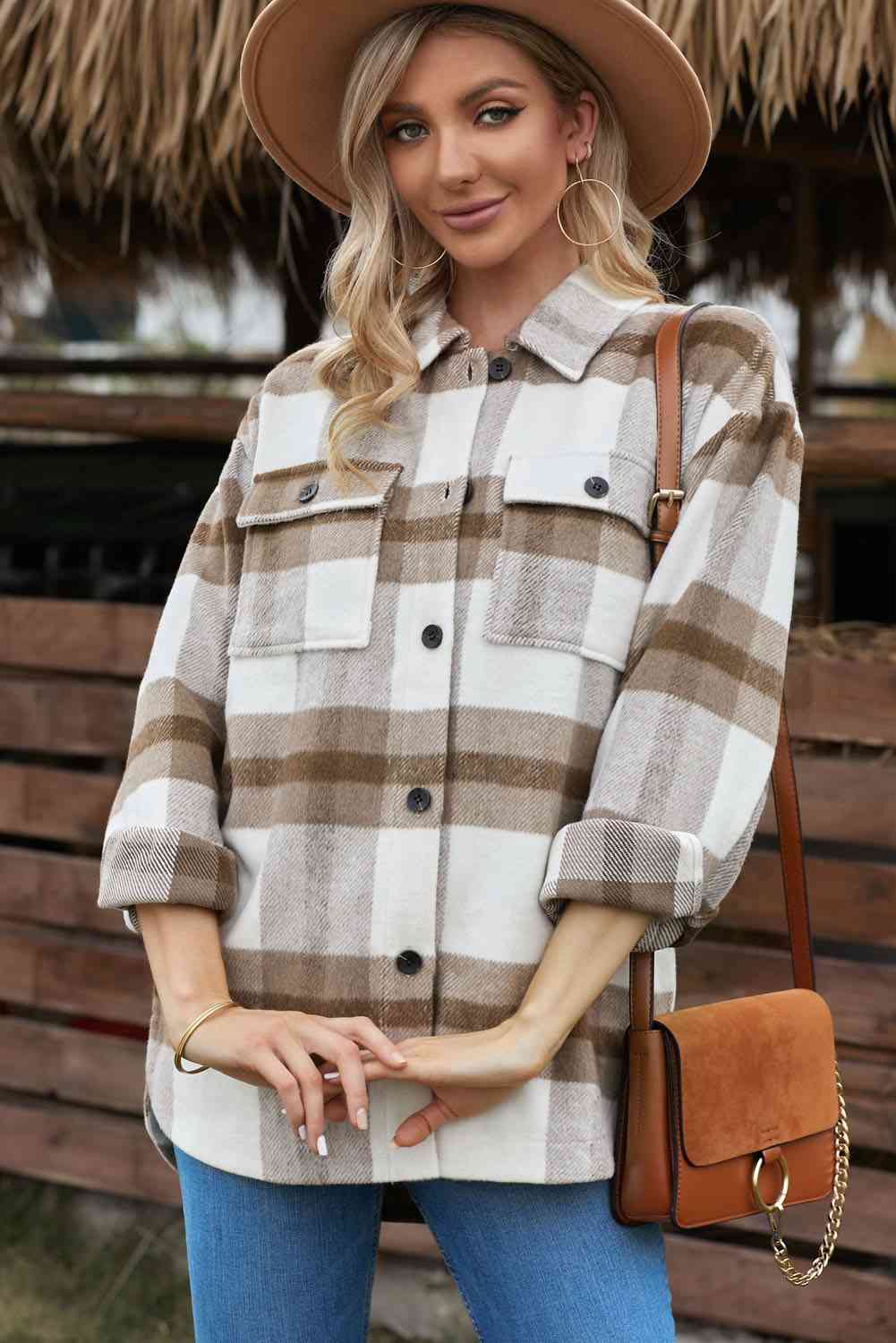 Plaid Dropped Shoulder Pocket Shacket