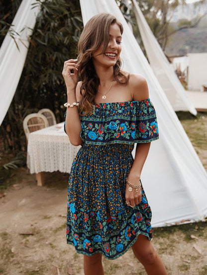 Bohemian Print Off-Shoulder Strapless Knee Length Dress