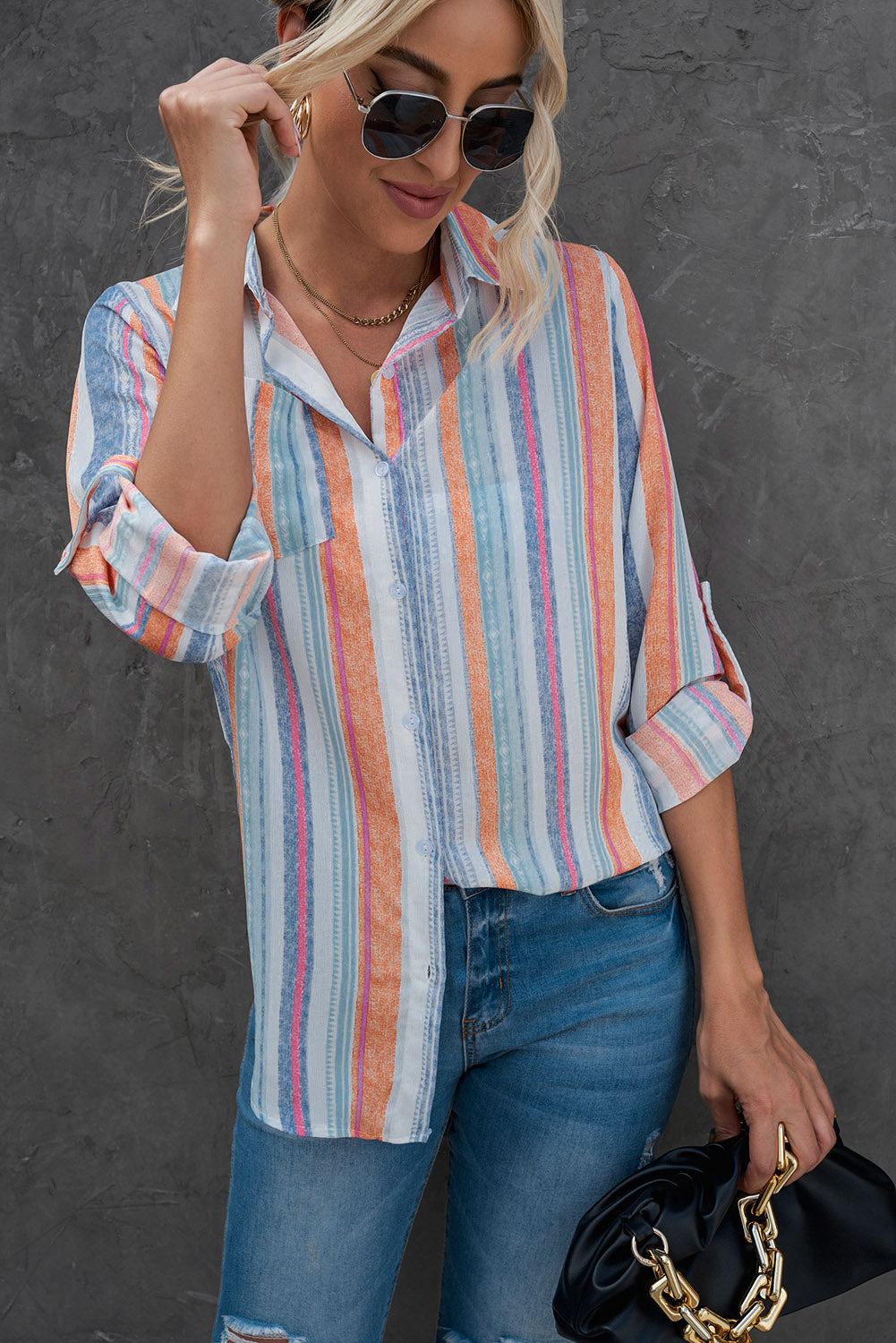 Striped Button-Up Curved Hem Shirt with Breast Pocket