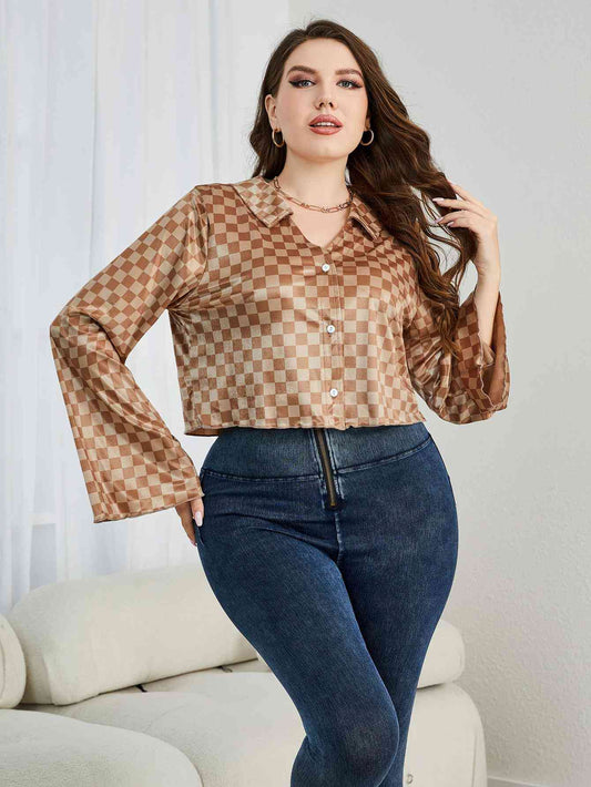 Plus Size Checkered Johnny Collar Flare Sleeve Shirt