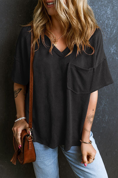 Textured V-Neck Dropped Shoulder T-Shirt