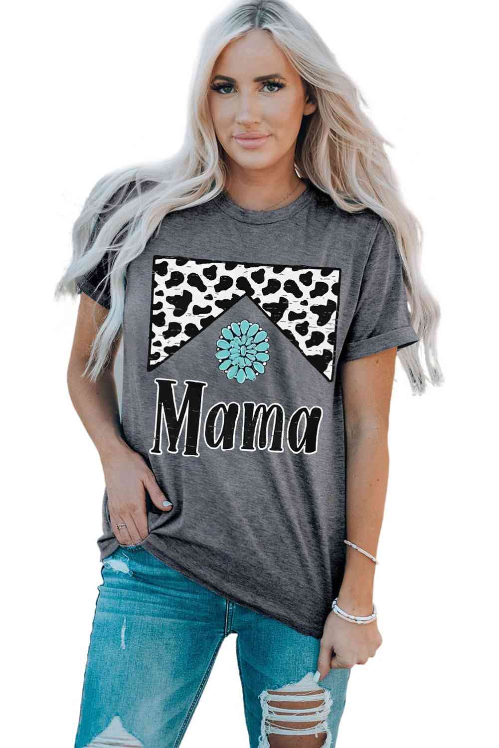 MAMA Graphic Cuffed Sleeve Round Neck Tee