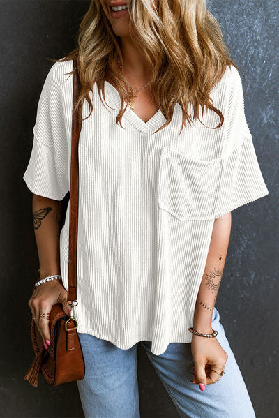 Textured V-Neck Dropped Shoulder T-Shirt