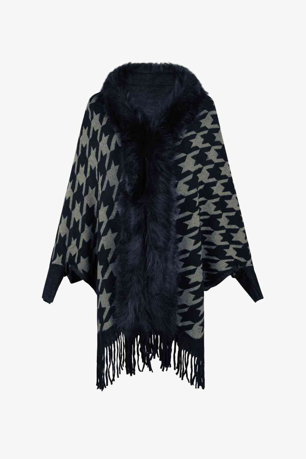 Houndstooth Fringe Hem Poncho