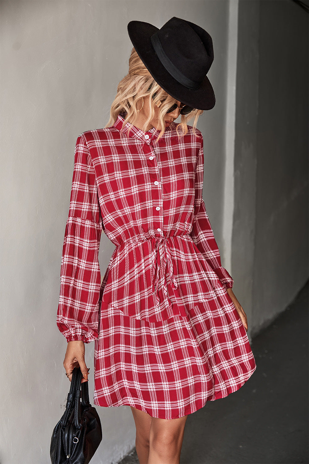 Plaid Band Collar Drawstring Shirt Dress