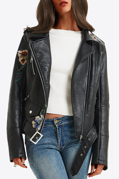 Embroidered Zip Up PU Leather Jacket