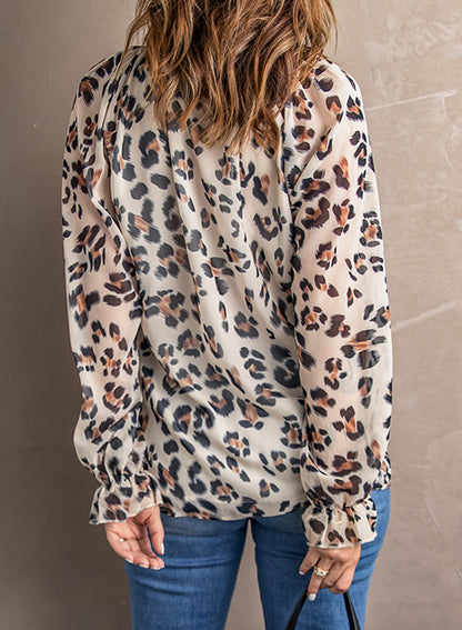 Leopard Button Down Ruched Flounce Sleeve Top