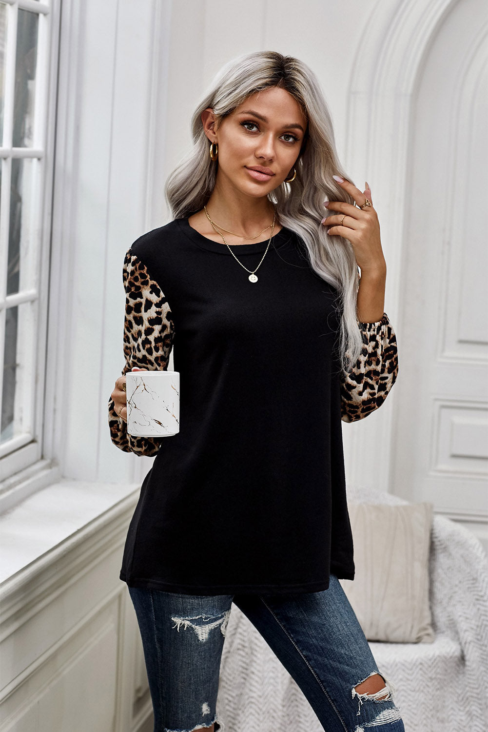 Leopard Long Sleeve Round Neck Top