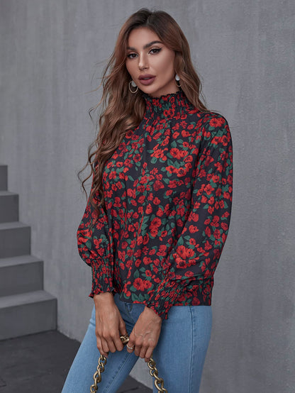 Floral Smocked Frill Neck Blouse