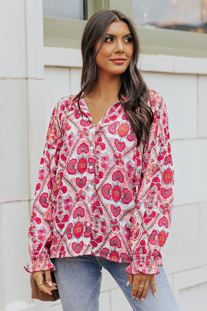 Floral Button-Up Flounce Sleeve Blouse