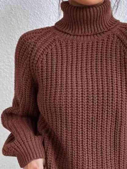 Full Size Turtleneck Rib-Knit Slit Sweater