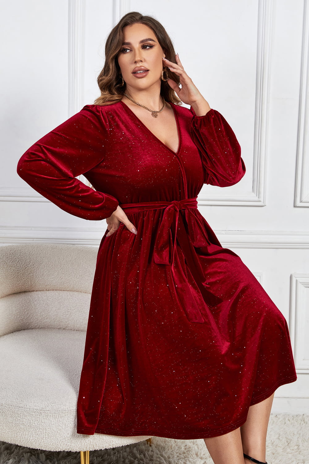 Melo Apparel Plus Size Surplice Neck Balloon Sleeve Tie Belt Midi Dress