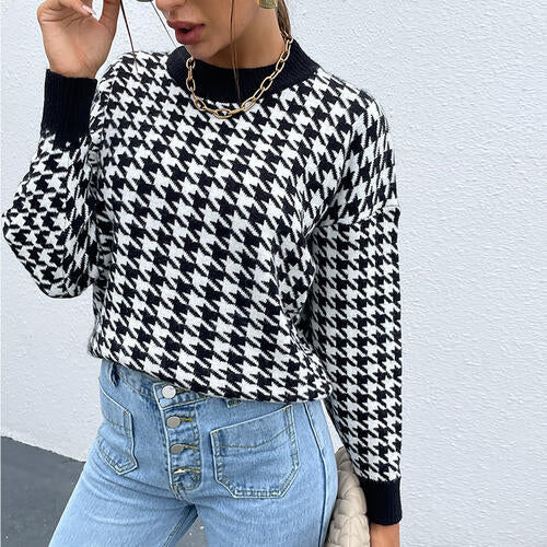 Houndstooth Round Neck Drop Shoulder Sweater