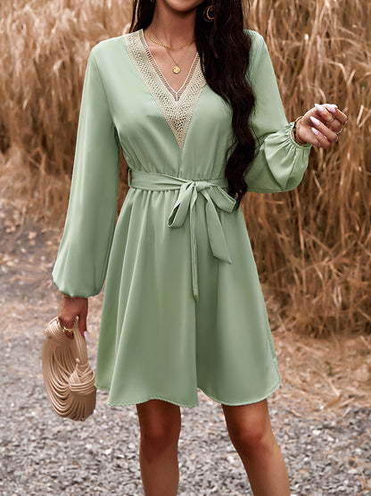 Long Sleeve Tie Waist V-Neck Mini Dress