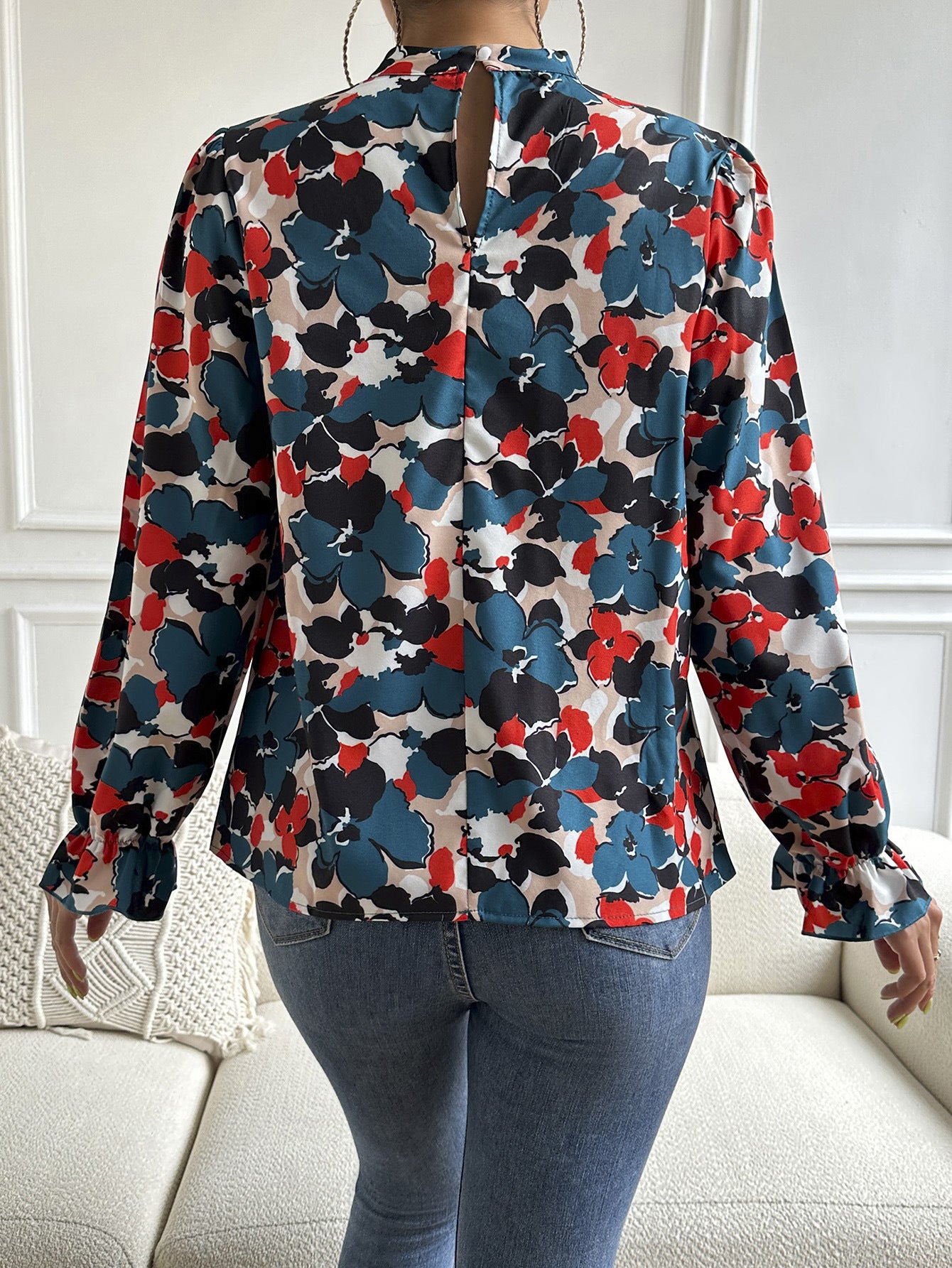 Floral Mock Neck Long Flounce Sleeve Blouse