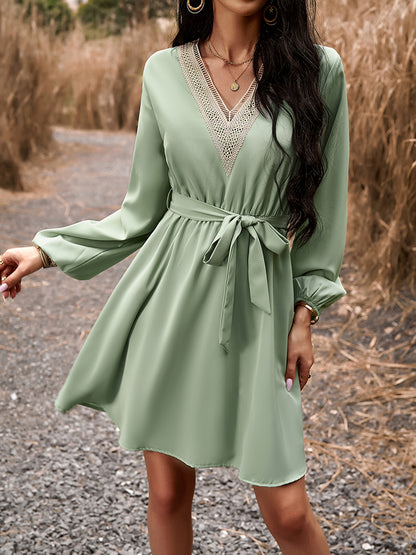 Long Sleeve Tie Waist V-Neck Mini Dress