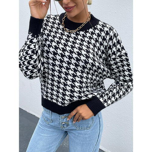 Houndstooth Round Neck Drop Shoulder Sweater