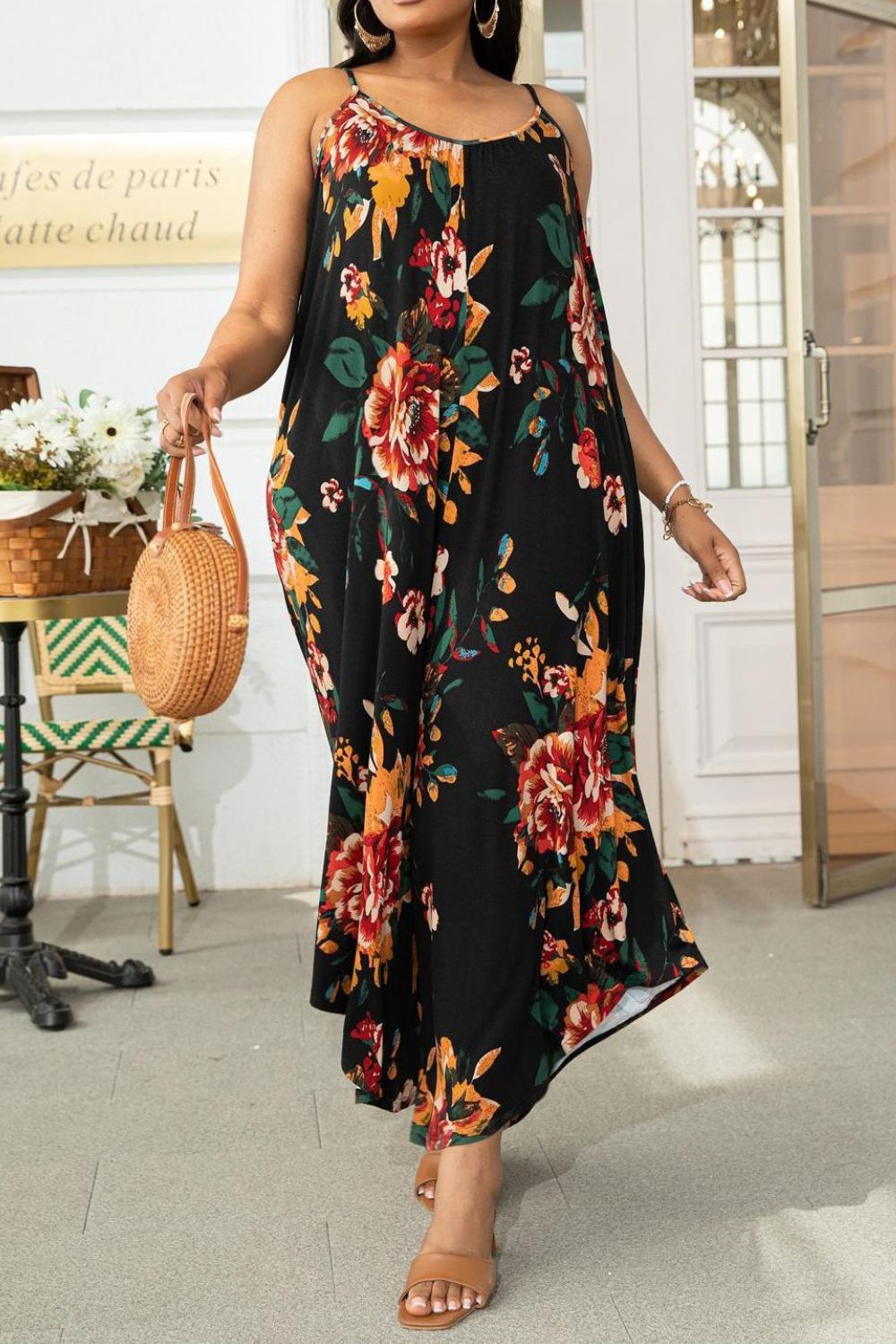 Plus Size Printed Spaghetti Strap Wide Leg Jumpsuit