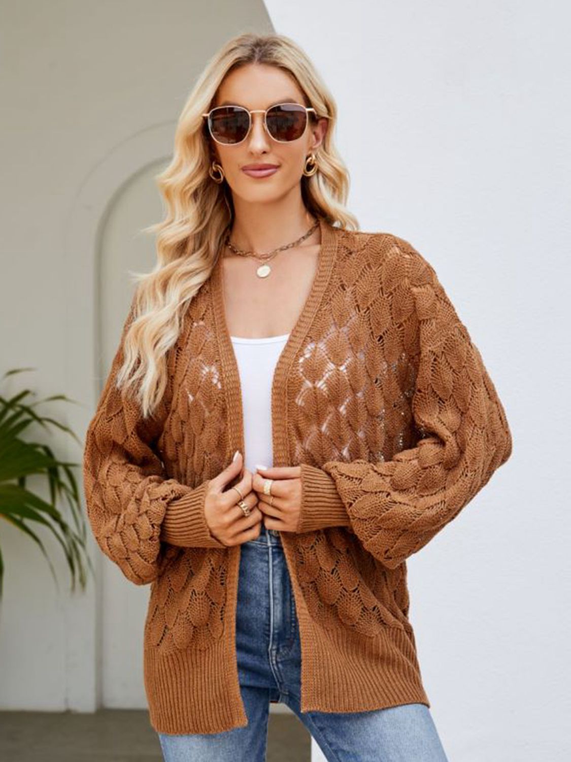 Open Front Ribbed Trim Cardigan