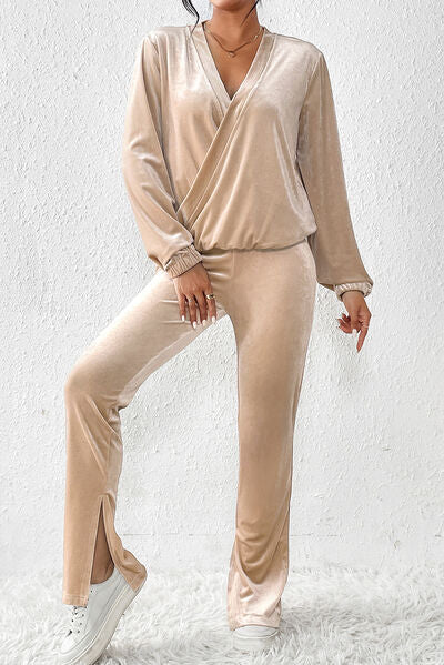 Surplice Long Sleeve Top and Slit Pants Set