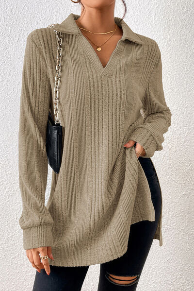 Slit Johnny Collar Long Sleeve Sweater