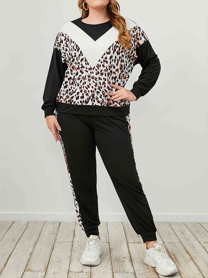 Plus Size Leopard Sweatshirt and Sweatpants Set