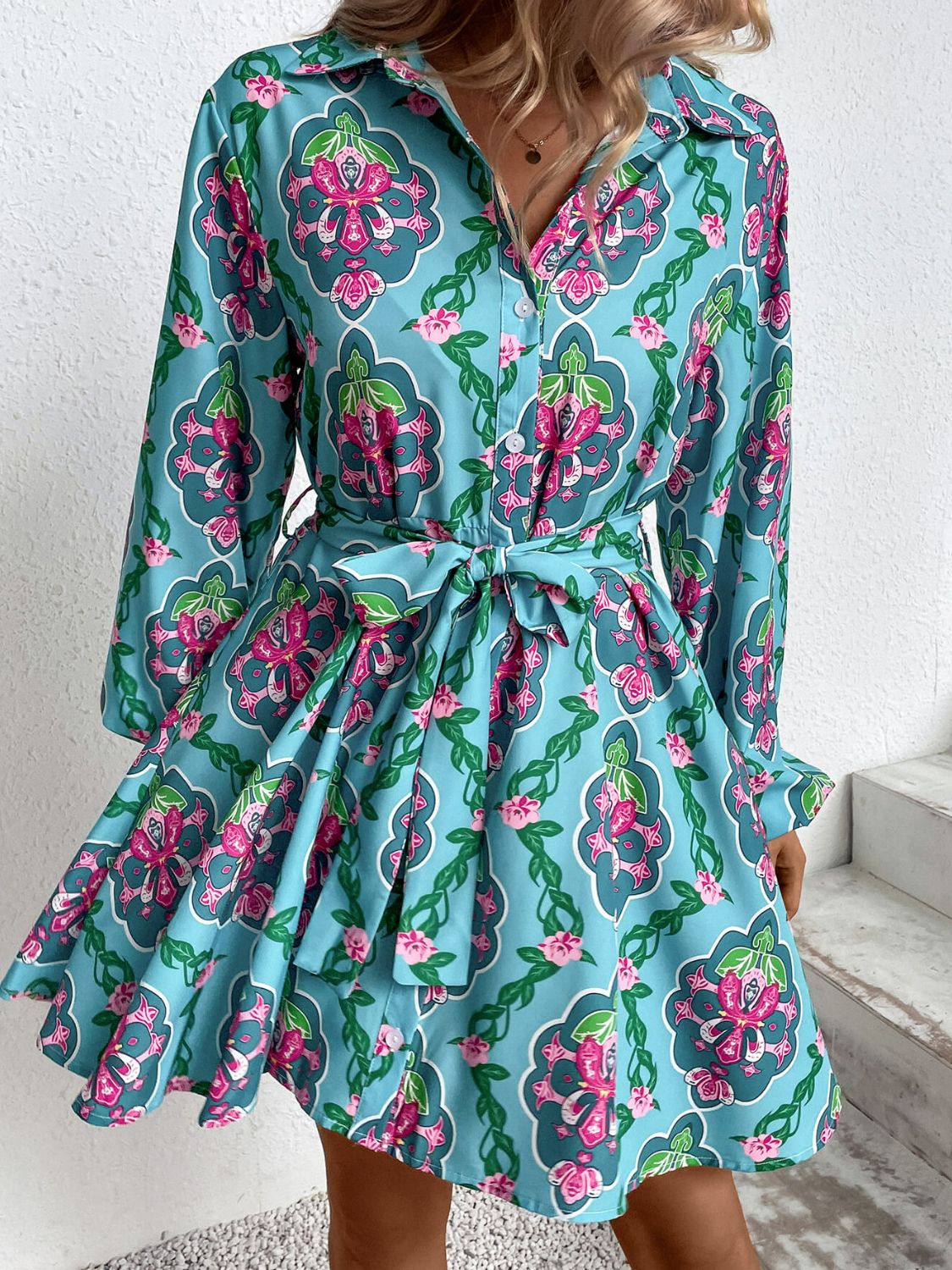 Printed Tie-Waist Balloon Sleeve Shirt Dress